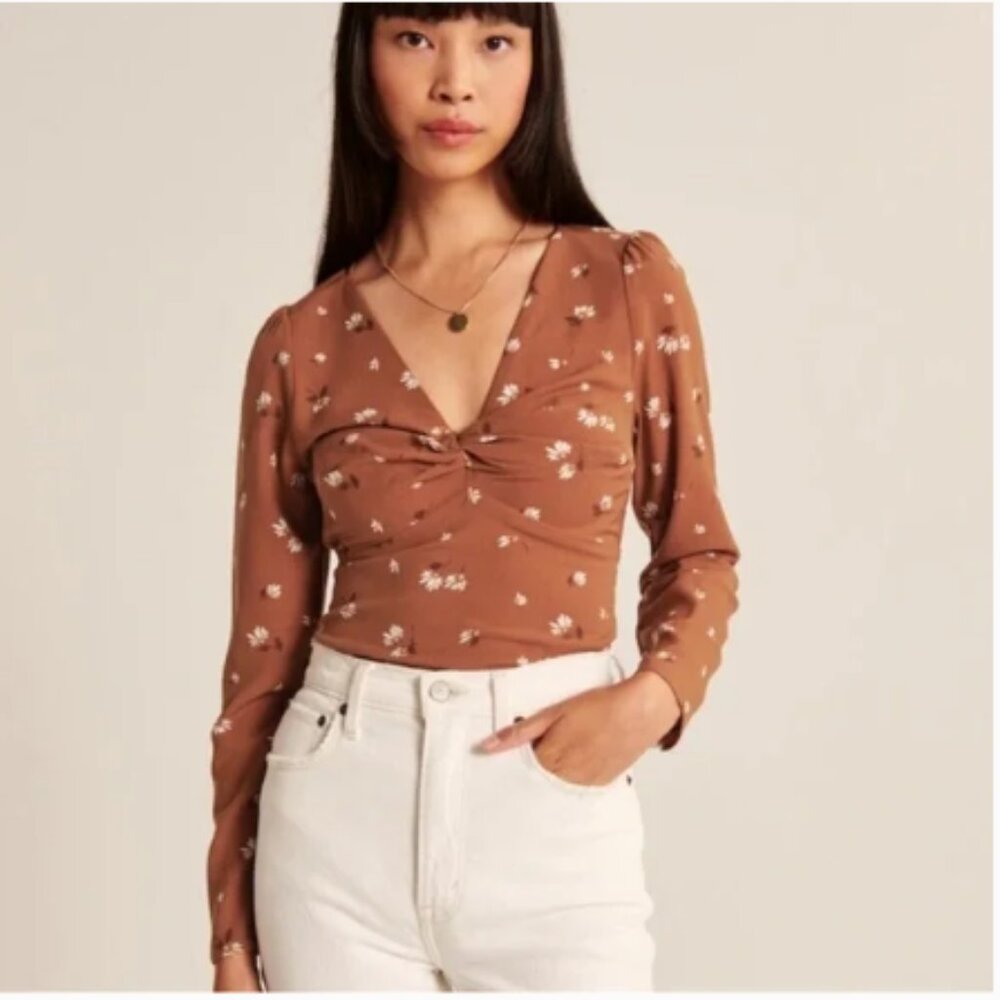 Abercrombie & Fitch Rust Orange Twist Front Long Sleeve Floral Blouse (1332)
